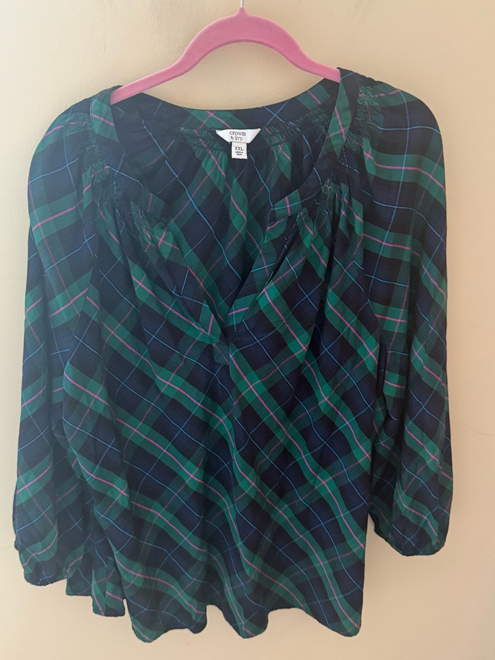 crown & ivy Navy, Green and Pink Plaid Peasant Blouse size XXL